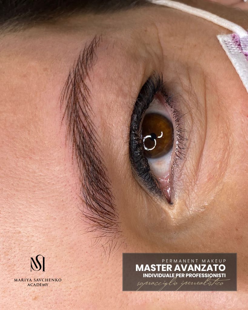 Master sopracciglio pelo a pelo, dettaglio del lavoro di dermopigmentazione sulla modella ravvicinato